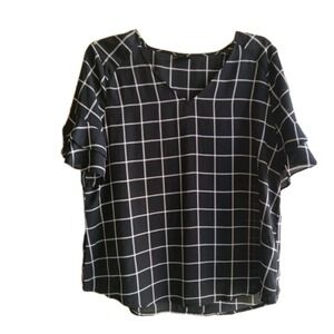 Womens Worthington SZ M Sheer  Checker Ruffle Sleeve Top Blouse Black‎ White